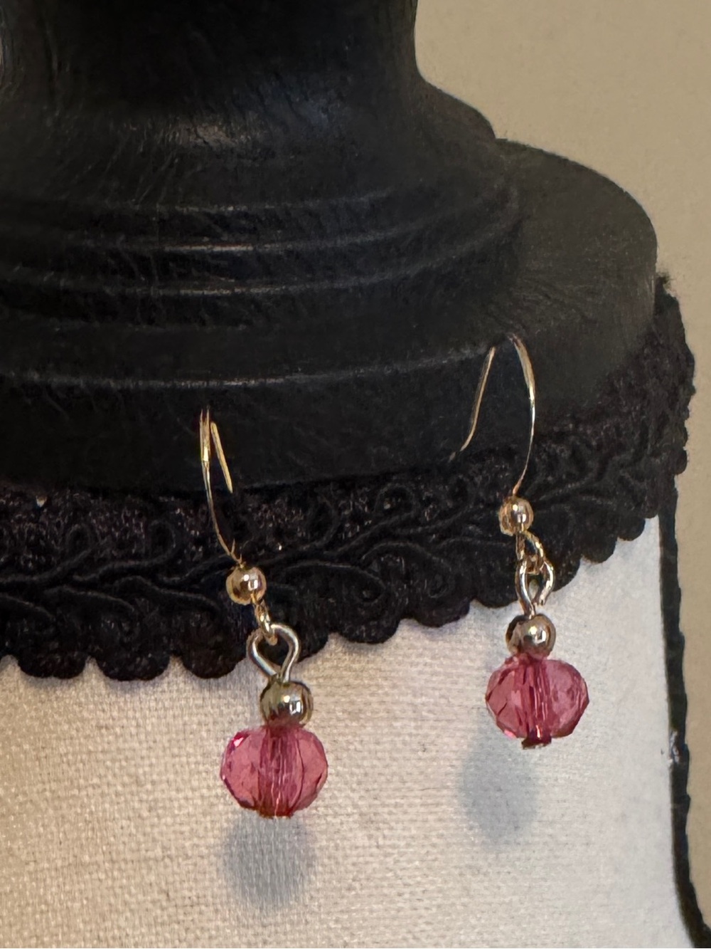 Pink Crystal Drop Earrings with gold tone